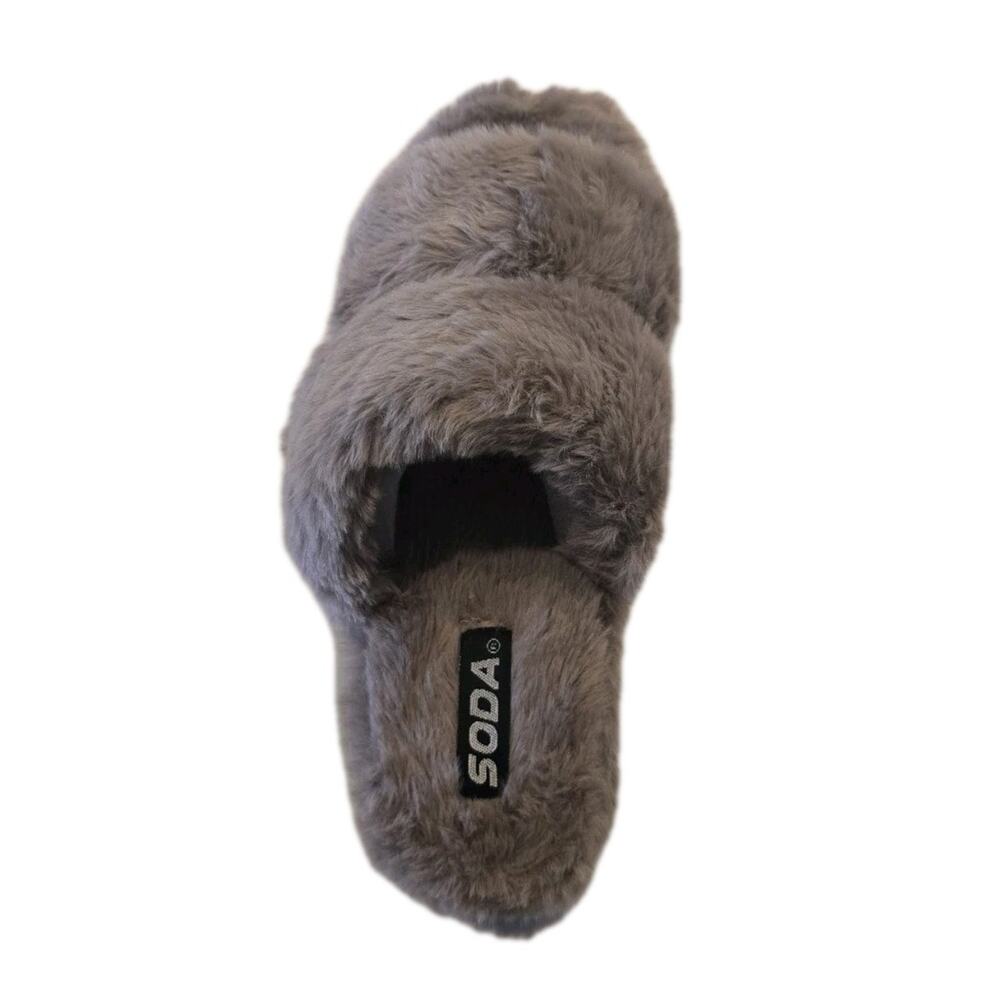 Women’s Faux Fur Slide Slippers Taupe Open Toe Two Strap Soda Corset-S Size 8 - Picture 3 of 5